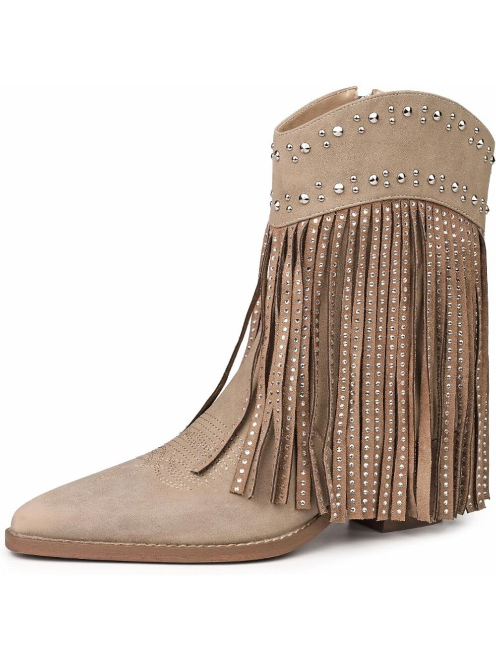 Women's Taupe Western Ankle Boots Pointed Toe Fringe Rhinestone Side Zipper